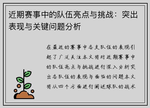 近期赛事中的队伍亮点与挑战：突出表现与关键问题分析